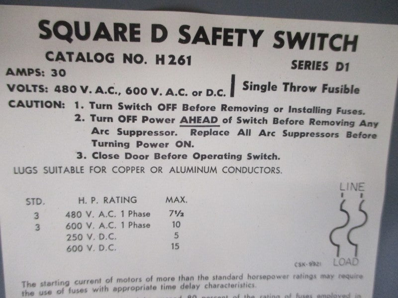 SQUARE D H261 SER. D1 480VAC 30A NSMP