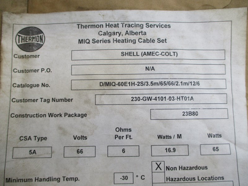 THERMON D/MIQ-60E1H-2S/3.5M/65/66/2.1M/12/6 66V 10/5A NSMP