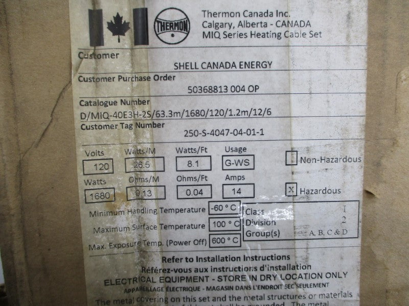 THERMON D/MIQ-40E3H-2S/63.3M/1680/120/1.2M/12/6 120V 14A NSMP