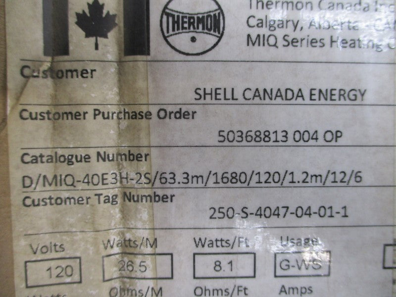 THERMON D/MIQ-40E3H-2S/63.3M/1680/120/1.2M/12/6 120V 14A NSMP