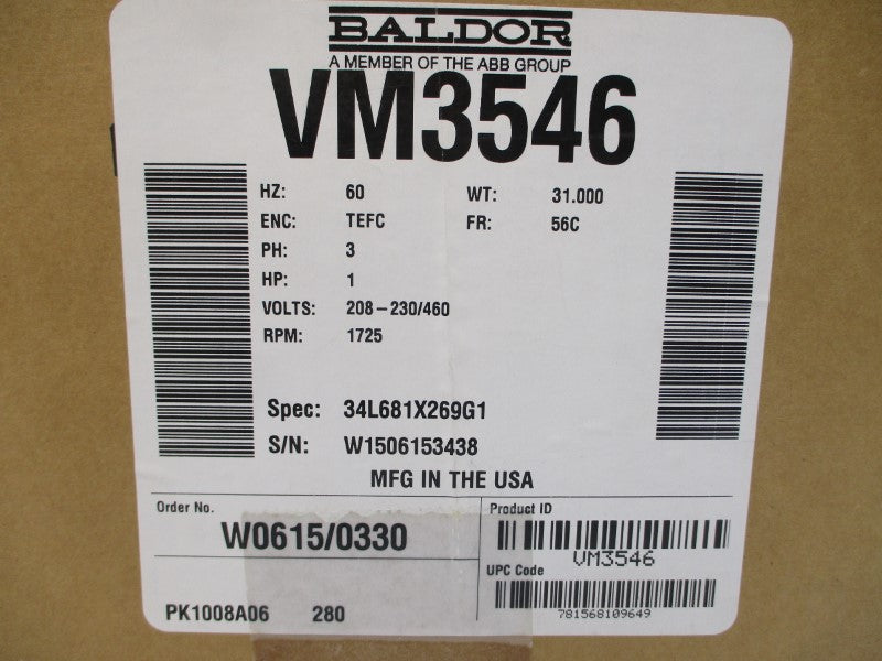 BALDOR VM3546 34L681X269G1 208-230/460V 3.7-3.4/1.7A NSMP