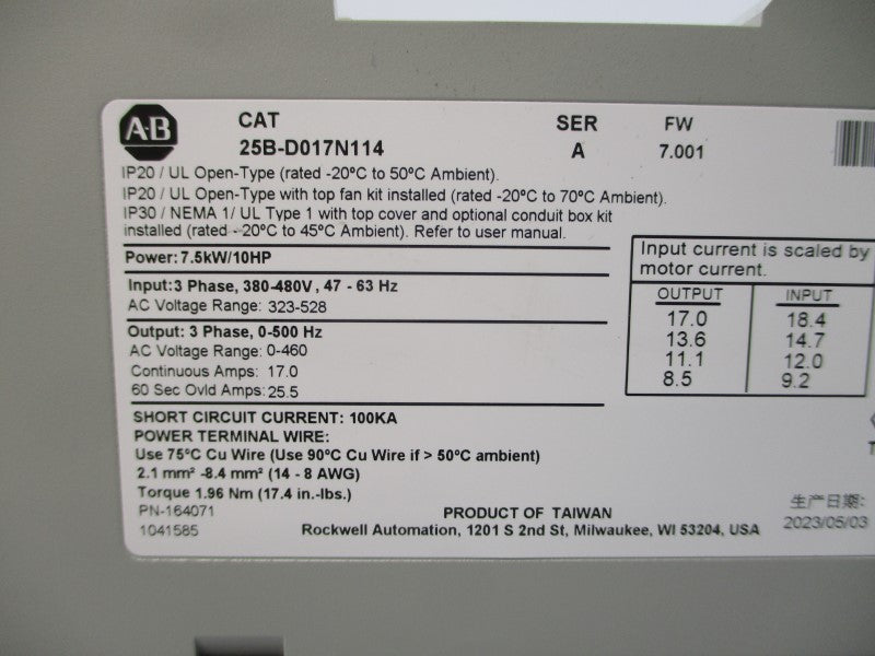 ALLEN BRADLEY 25B-D017N114 SER. A F/W 7.001 380-480VAC 17.0A NSMP