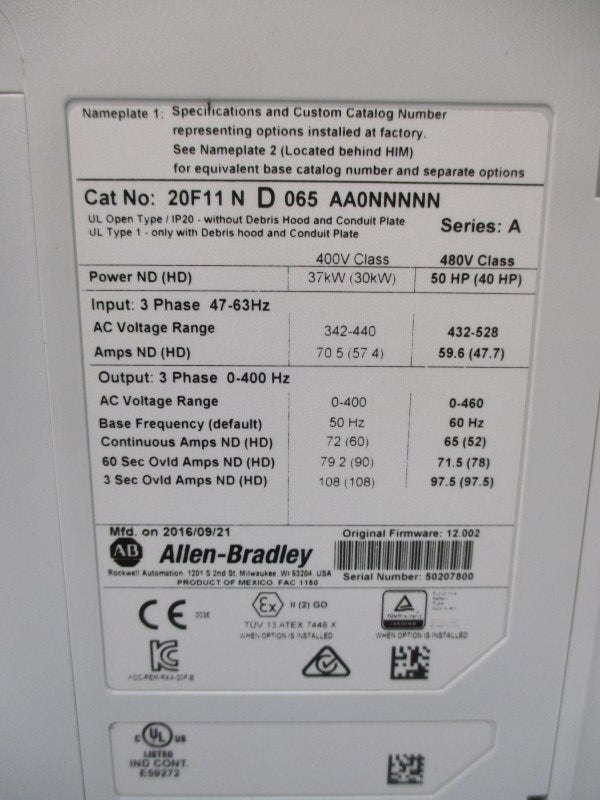 ALLEN BRADLEY 20F11ND065AA0NNNNN SER. A F/W 12.002 432-528VAC 59.6/47.7A NSMP