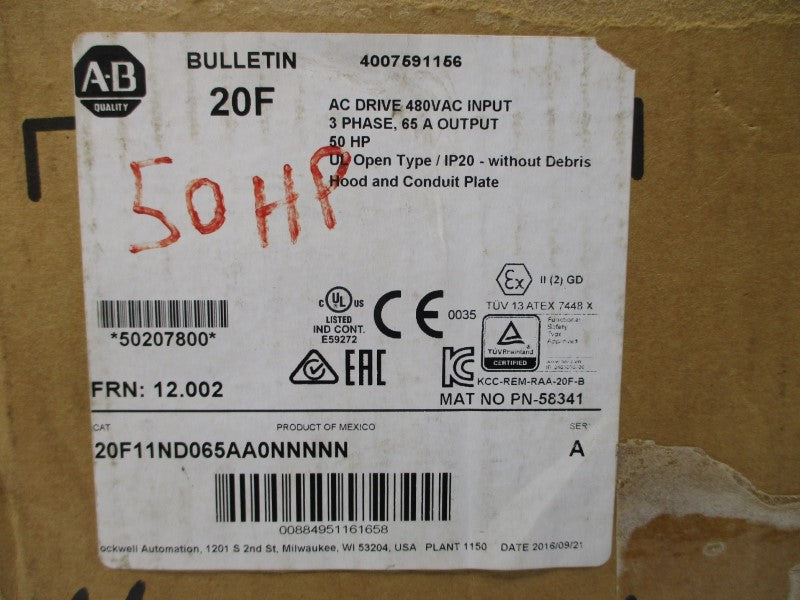 ALLEN BRADLEY 20F11ND065AA0NNNNN SER. A F/W 12.002 432-528VAC 59.6/47.7A NSMP