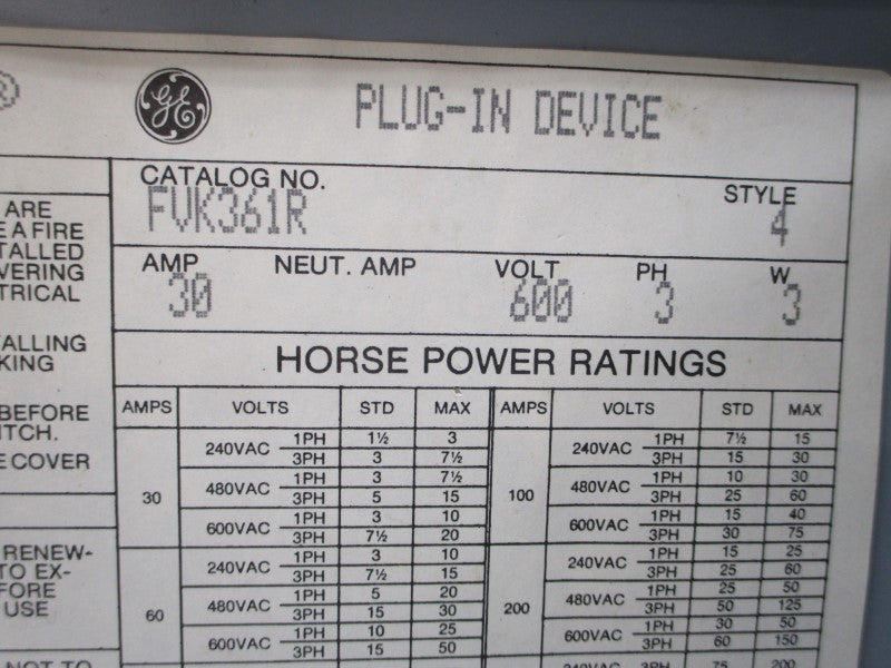 GENERAL ELECTRIC FVK361R 600V 30A (STYLE 4) NSNP