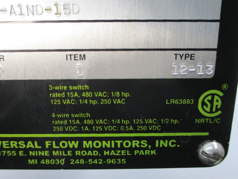 UNIVERSAL FLOW MONITORS MN-BSF30GM-12-175V.9-AIND-15D 480VAC 15A NSNP