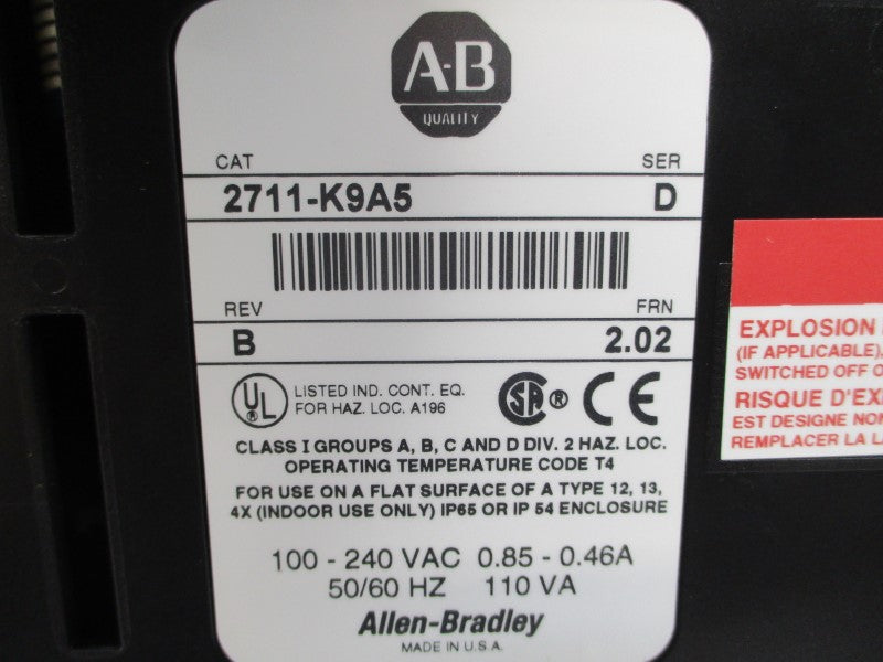 ALLEN BRADLEY 2711-K9A5 SER. D F/W 2.02 100-240VAC 0.85-0.46A NSMP