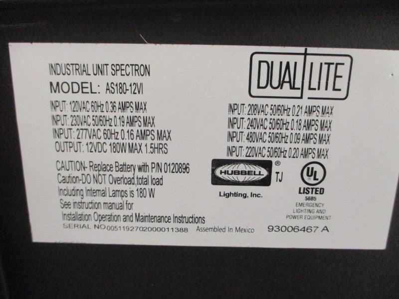 DUAL LITE AS180-12VI 120/230VAC 0.36/0.19A NSMP