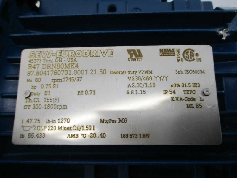 SEW-EURODRIVE R47DRN80MK4 230/460V 2.30/1.15A NSNP