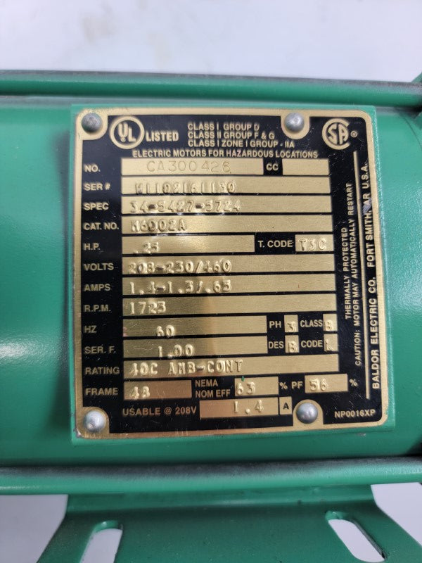 BALDOR M6002A 34-5427-5724 208-230/460V 1.4-1.3/.65A NSNP