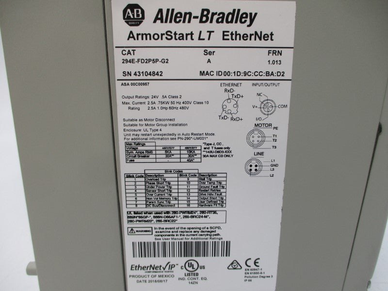 ALLEN BRADLEY 294E-FD2P5P-G2 SER. A F/W 1.013 480/277V 2.5A NSMP
