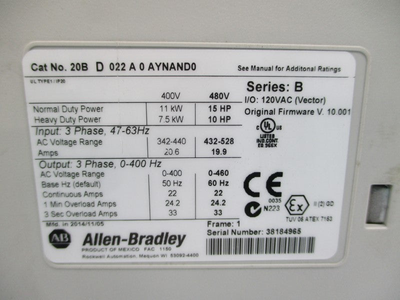 ALLEN BRADLEY 20BD022A0AYNAND0 SER. B F/W 10.001 480VAC 19.9A UNMP