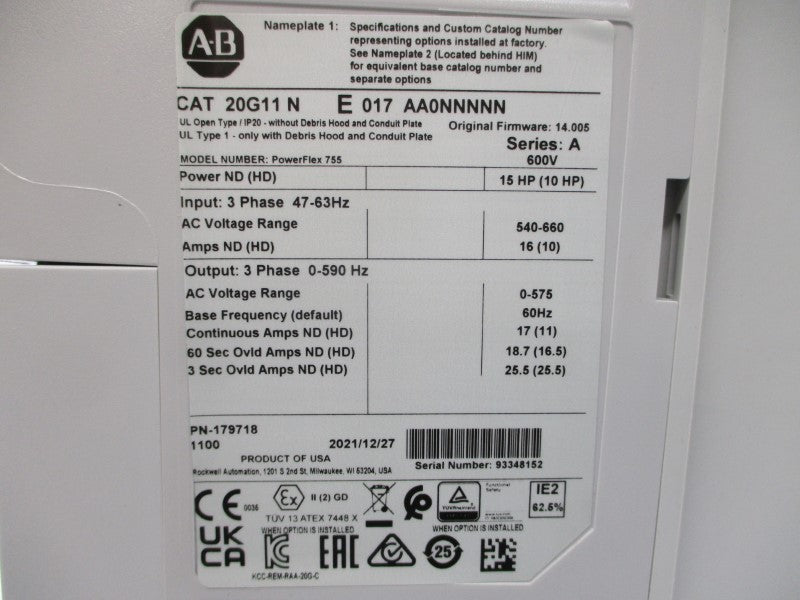 ALLEN BRADLEY 20G11NE017AA0NNNNN SER. A F/W 14.005 600VAC 11A NSMP