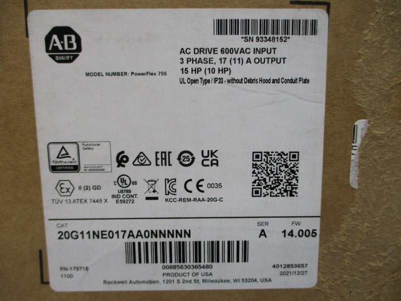 ALLEN BRADLEY 20G11NE017AA0NNNNN SER. A F/W 14.005 600VAC 11A NSMP