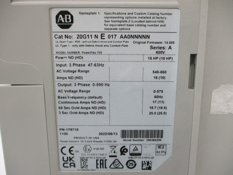 ALLEN BRADLEY 20G11NE017AA0NNNNN SER. A F/W 14.005 600VAC 16A NSNP