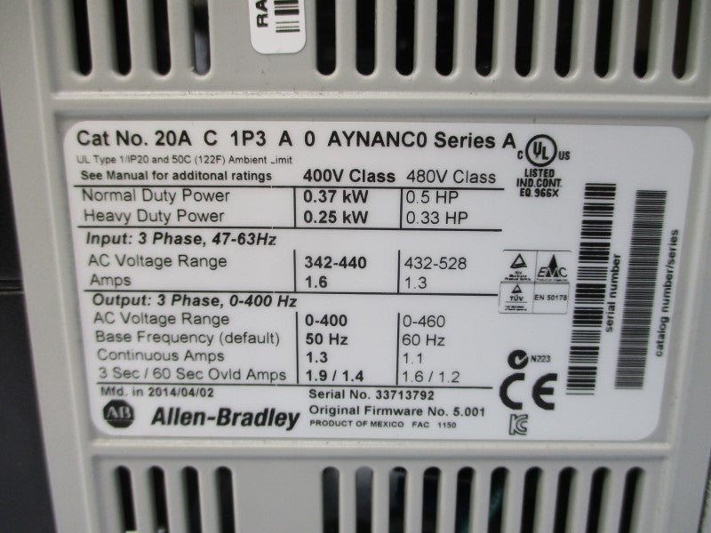 ALLEN BRADLEY 20AC1P3A0AYNANC0 SER. A F/W 5.001 480VAC 1.6A NSNP