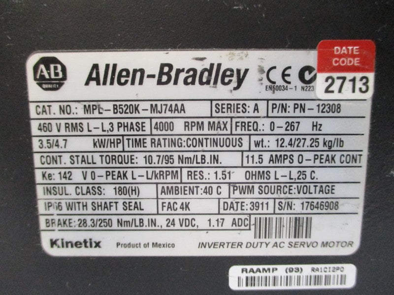 ALLEN BRADLEY MPL-B520K-MJ74AA SER. A 460VAC 11.5A NSNP