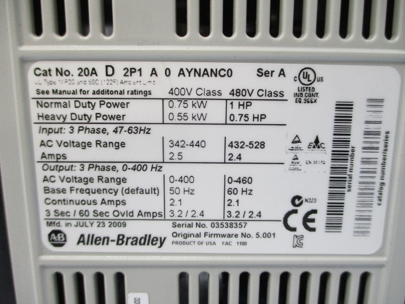 ALLEN BRADLEY 20AD2P1A0AYNANC0 SER. A 432-528V 3.2A F/W 5.001 NSNP