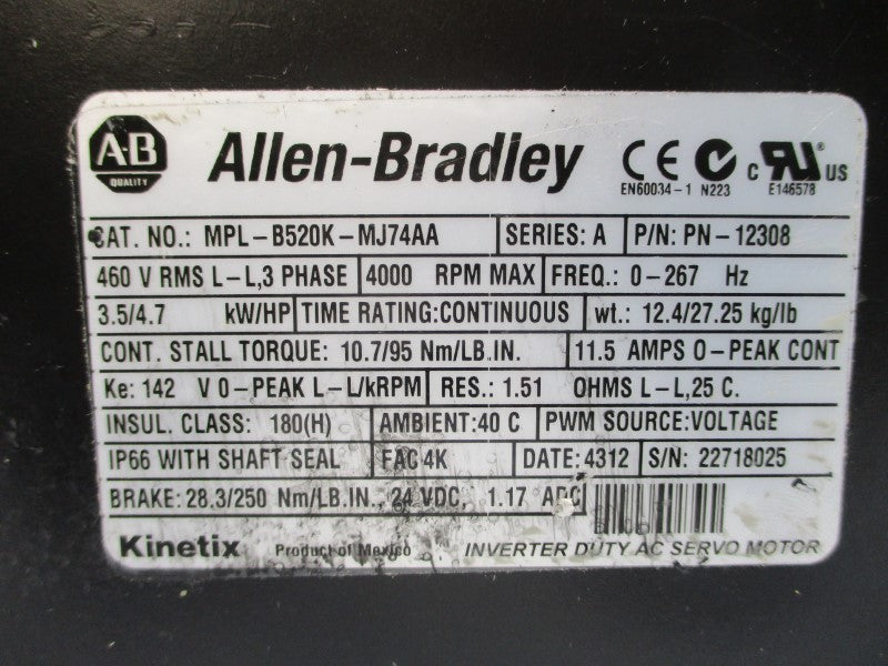 ALLEN BRADLEY MPL-B520K-MJ74AA PN-12308 SER. A 460VAC 11.5A NSNP