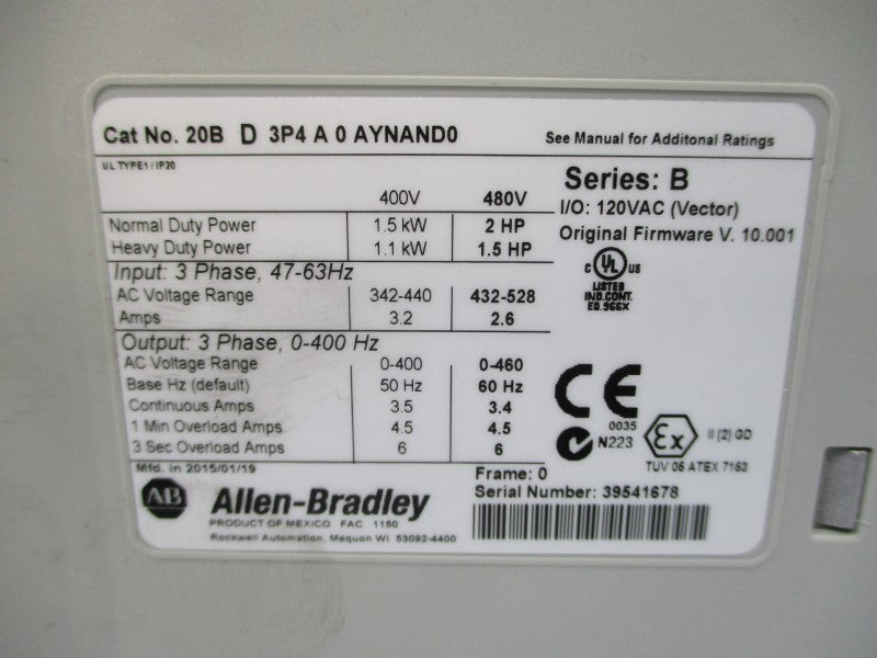 ALLEN BRADLEY 20BD3P4A0AYNAND0 SER. B F/W 10.001 480VAC 2.5A NSNP