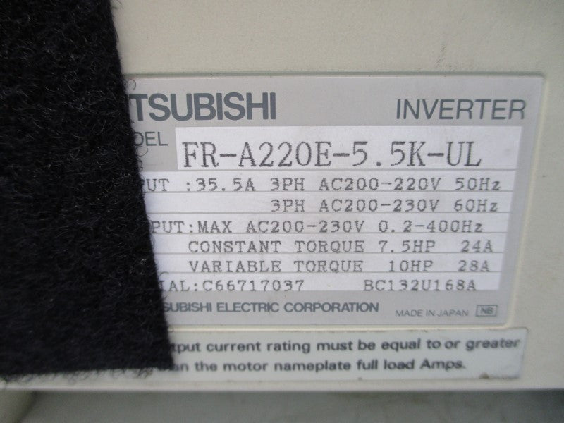 MITSUBISHI FR-A220E-5.5K-UL 200-230VAC 35.5A UNMP