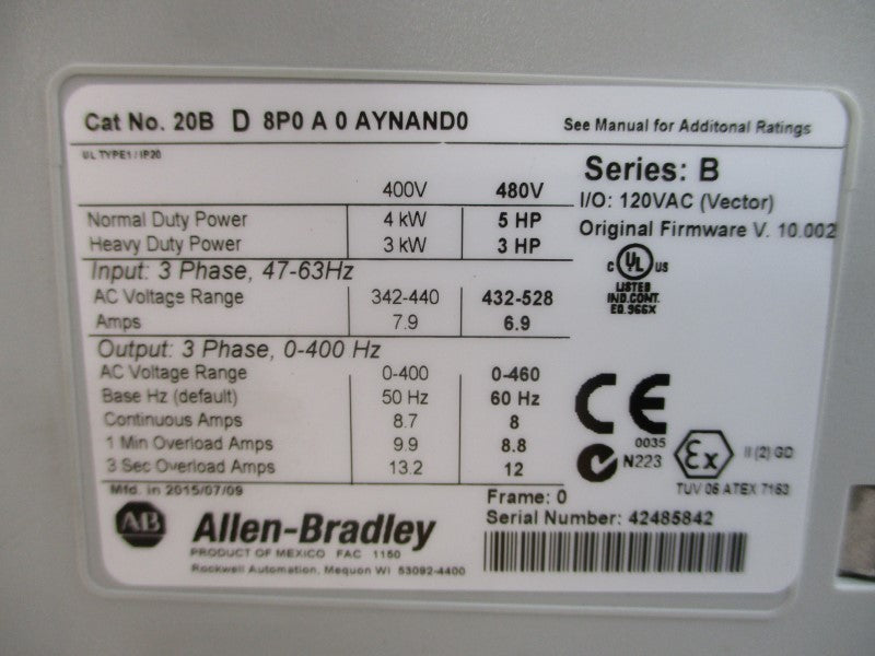 ALLEN BRADLEY 20BD8P0A0AYNAND0 SER. B F/W 10.002 480VAC 8A NSMP