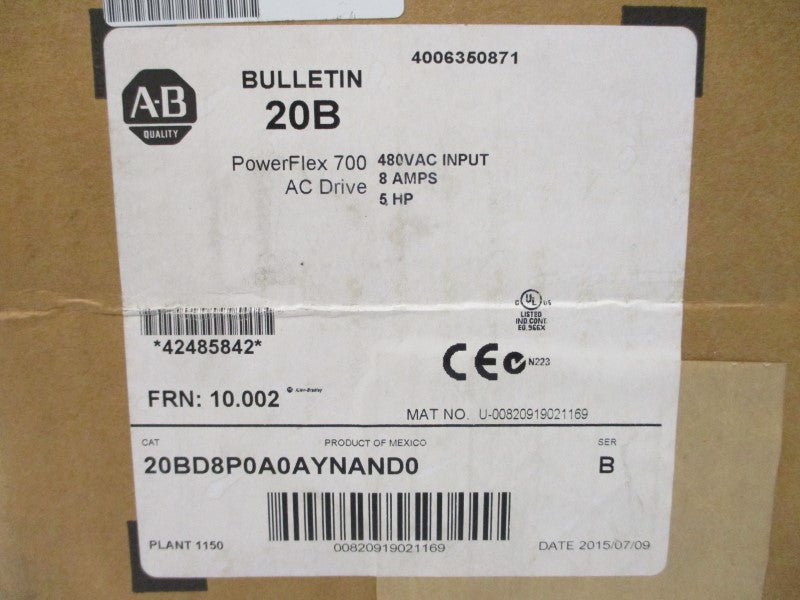 ALLEN BRADLEY 20BD8P0A0AYNAND0 SER. B F/W 10.002 480VAC 8A NSMP