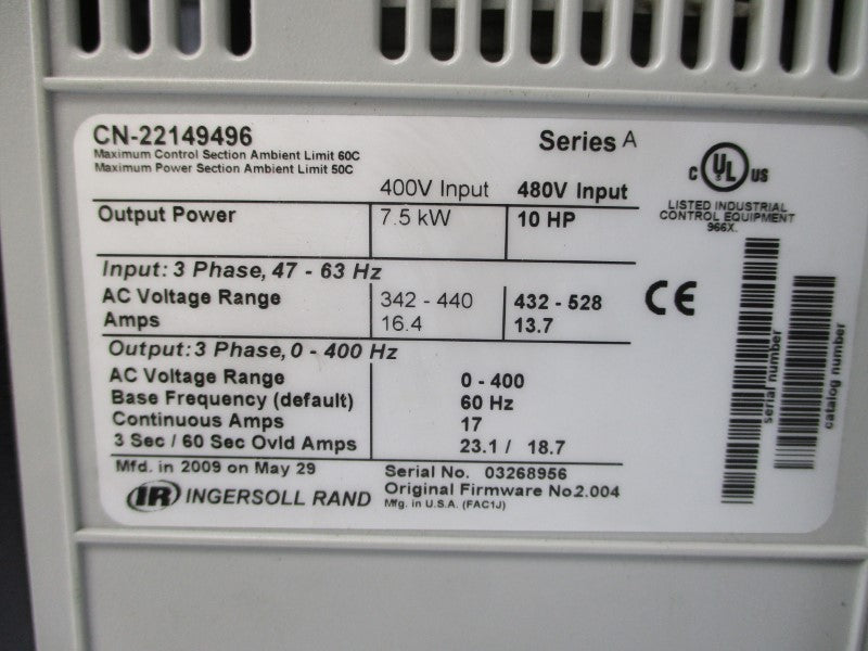INGERSOLL RAND CN-22149496 SER. A F/W 2.004 432-528VAC 13.7A UNMP