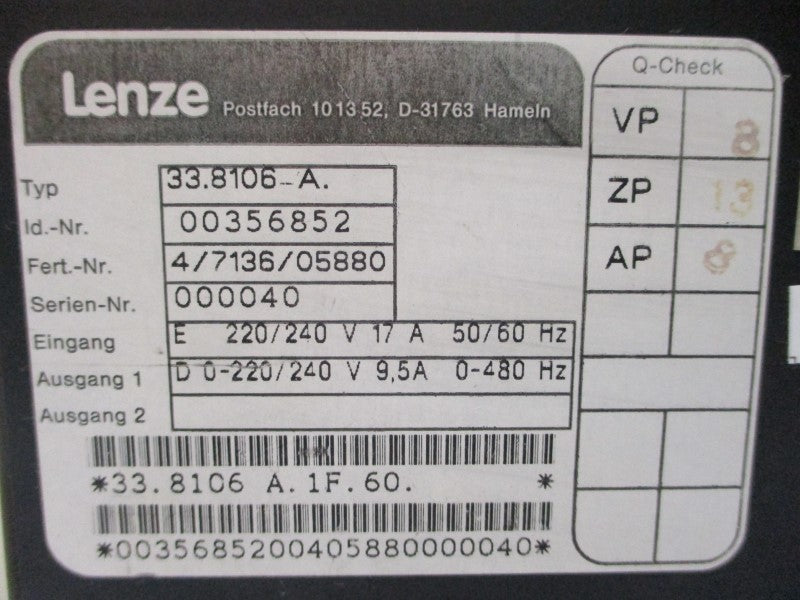 LENZE 33.8106-A 00356852 220/240V 17/9.5A UNMP