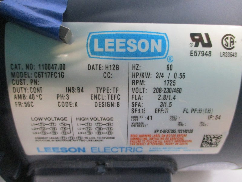 LEESON 110047.00 C6T17FC1G 208-230/460V 2.8/1.4A NSNP