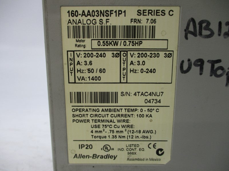 ALLEN BRADLEY 160-AA03NSF1P1 SER. C F/W 7.06 200-240V 3.6A (AS PICTURED) NSNP