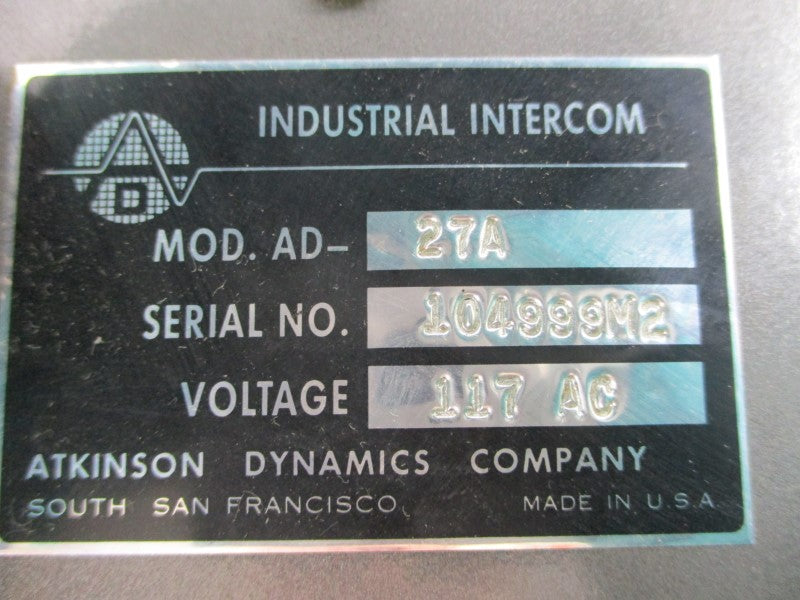 ATKINSON DYNAMICS AD-27A 117VAC (AS PICTURED) UNMP