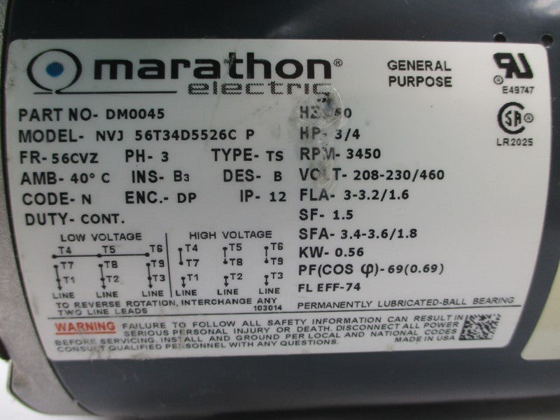 MARATHON ELECTRIC DM0045 NVJ56T34D5526C 208-230/460V 3-3.2/1.6A NSNP