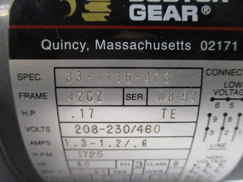 BOSTON GEAR ACUT-B 33-1116-423 SER. W8-94 208-230/460V 1.3-1.2/.6A NSNP
