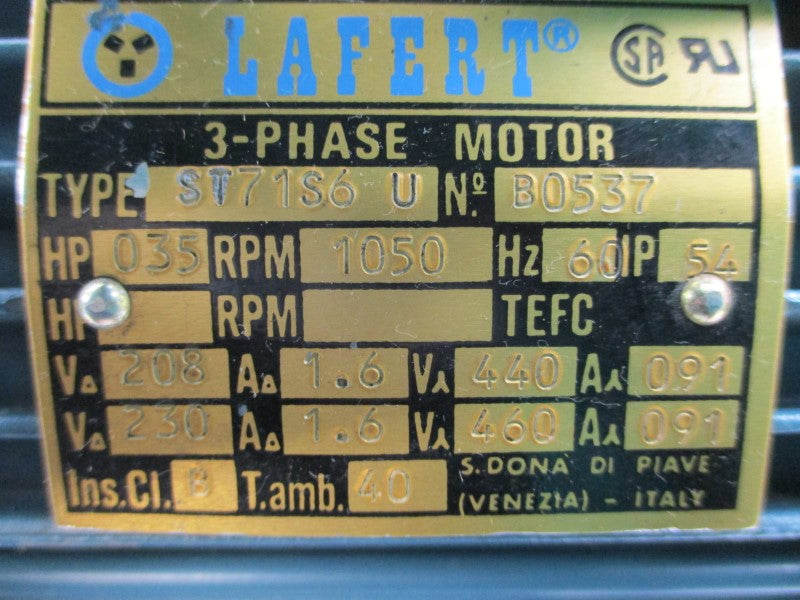 LAFERT ST71S6U 208/460V 1.6/0.91A NSNP