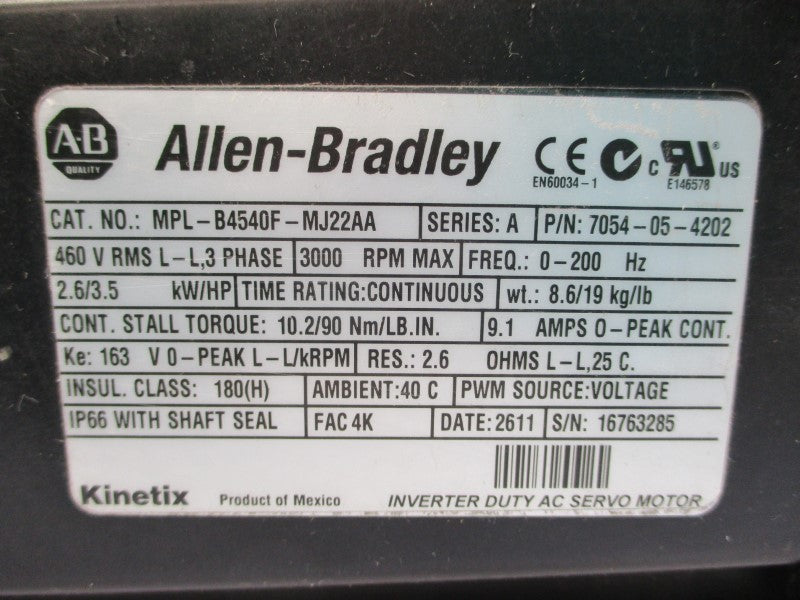 ALLEN BRADLEY MPL-B4540F-MJ22AA SER. A 460VAC 9.1A UNMP