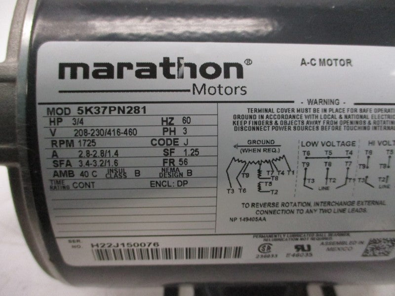 MARATHON MOTORS 5K37PN281 208-230/416-460VAC 2.8-2.8/1.4A NSNP