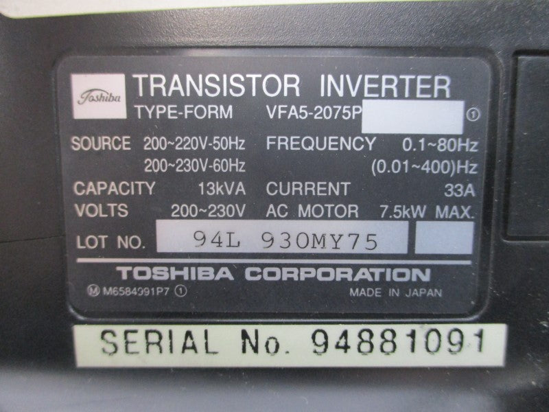 TOSHIBA VFA5-2075P 200-230VAC 33A (AS PICTURED) UNMP