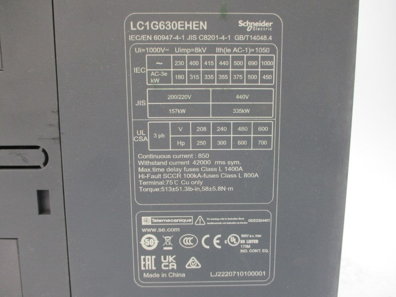 SCHNEIDER ELECTRIC LC1G630EHEN 440VAC 1400A (AS PICTURED) NSNP
