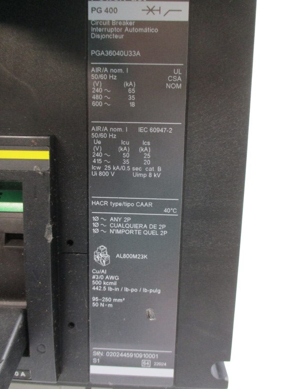 SQUARE D PGA36040U33A SER. 1 600V 400A NSNP