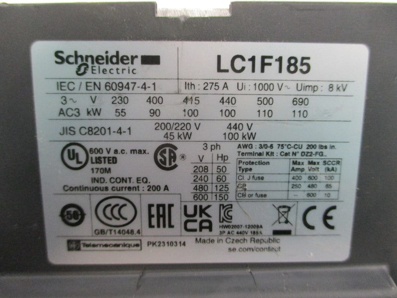SCHNEIDER ELECTRIC LC1F185 600VAC 200A (AS PICTURED) NSNP