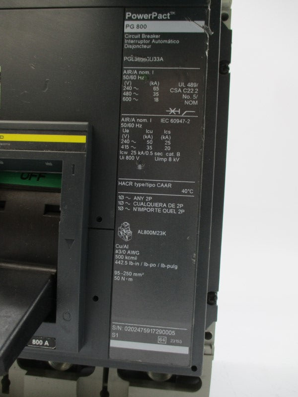 SQUARE D PGL36080U33A SER. 1 600V 800A (AS PICTURED) NSNP