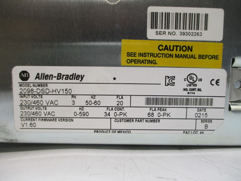 ALLEN BRADLEY 2098-DSD-HV150 SER. B F/W V1.60 230/460VAC 34/68A NSMP