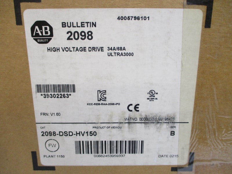 ALLEN BRADLEY 2098-DSD-HV150 SER. B F/W V1.60 230/460VAC 34/68A NSMP