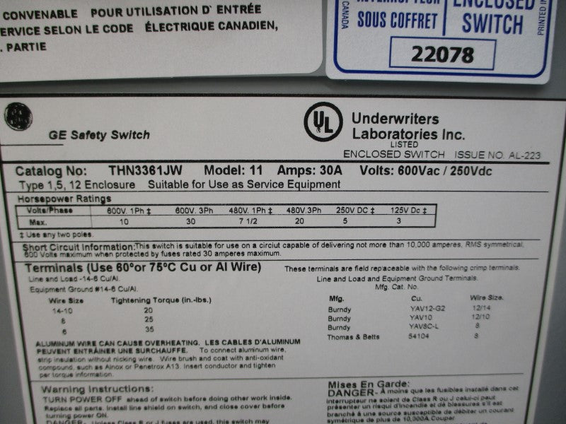 GENERAL ELECTRIC THN3361JW 600VAC 30A NSMP