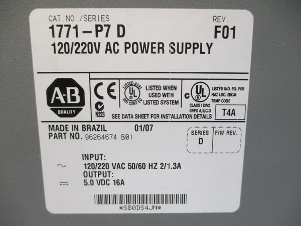 ALLEN BRADLEY 1771-P7 SER. D 120/220VAC 2/1.3A REV. F01 NSMP