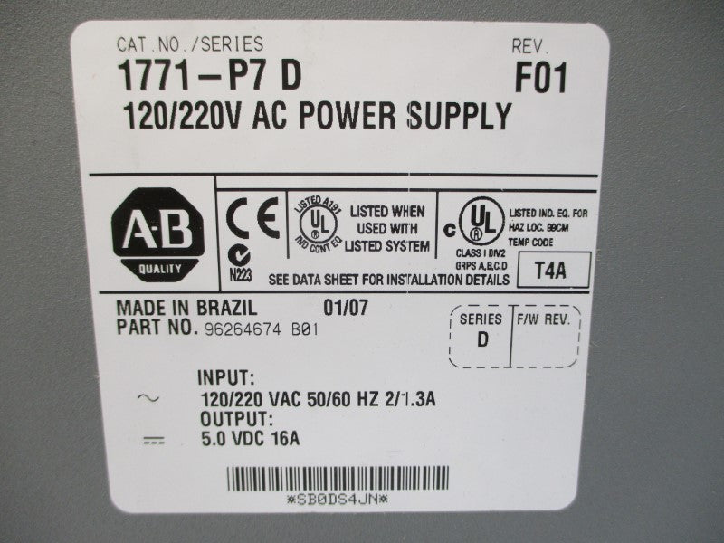 ALLEN BRADLEY 1771-P7 SER. D 120/220VAC 2/1.3A REV. F01 NSMP