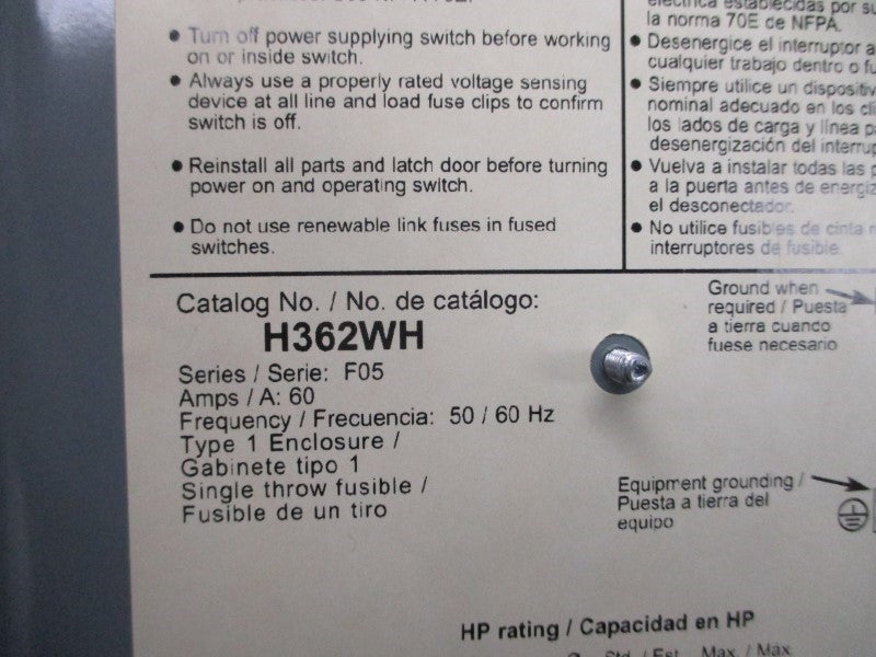 SQUARE D H362WH SER. F05 600VAC 60A NSNP