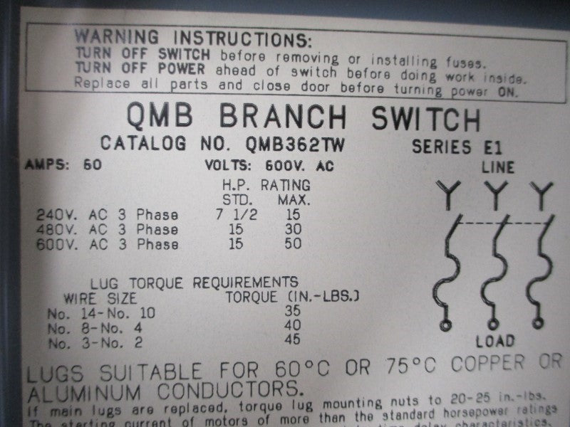 SQUARE D QMB362TW SER. E1 600VAC 60A NSNP