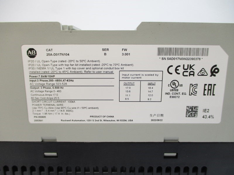 ALLEN BRADLEY 25A-D017N104 SER. B F/W 3.001 323-528VAC NSMP